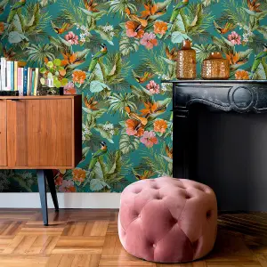 Rasch Vasari Tropical Paradise Birds Multi Teal Wallpaper Luxury Textured Vinyl