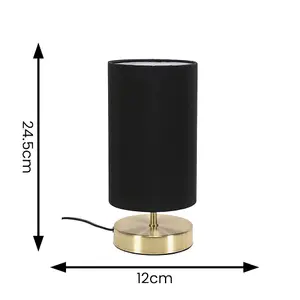 Pair - Brushed Gold Cylinder Touch Dimmer Table Lamp with Black Fabric Shade Bedside Light Bedside Light - LED Bulbs Included