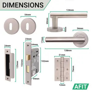 AFIT Door Handles Satin Nickel Key Lock Set Round T-Bar, Sash Lock, Hinges (76mm) & 2 Escutcheons Olvera