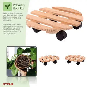 Oypla Set of 2 30cm Wooden Plant Flower Pot Mobile Mover Trolley Stands