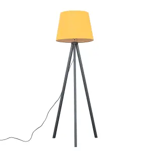 ValueLights Barbro Modern Grey Wood Tripod Design Floor Lamp with Mustard Tapered Shade - Includes 6w LED Bulb 3000K Warm White