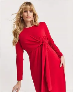 Outlet - Size 10 - Red Ribbed Wrap Midi Dress