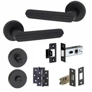 1 Pair Modern Lima Design Matt Black Premium Bathroom Door Handles Round Rose Dead Bolt Ball Latch Hinges Thumbturn - Golden Grace