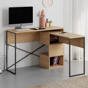 Decortie Modern Badau L-Shaped Computer Desk Oak Black Metal Legs 3 Adjustable Storage Shelf Extra Table 110cm(W) Work PC Office