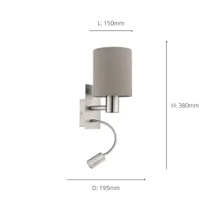 EGLO Pasteri Taupe/Satin Nickel Metal & Fabric Wall Light - Integrated LED Reading Light (D) 15cm