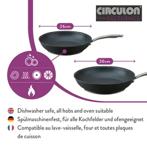 Circulon Excellence Black Round Aluminium Induction Suitable Dishwasher Safe Frying Pan Set 26 & 30cm Twin Pack