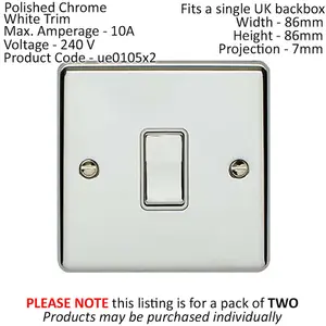 2 PACK 1 Gang Single INTERMEDIATE Light Switch CHROME & White 10A Rocker