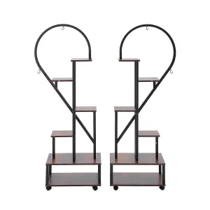 2 Pcs 6-Tier Brown Rustic Half Heart Shaped Plant Stand Display Shelf with 4 Casters 109cm (H)