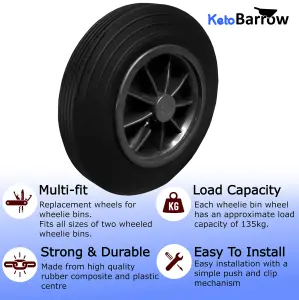 Wheelie Bin Wheel Replacement Wheels 200mm Nose Wheel Set - Black