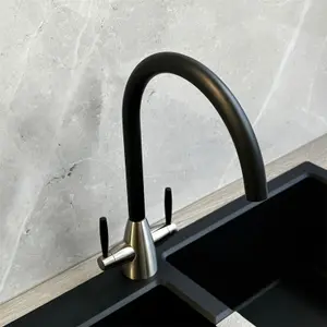 Liquida LB01BL Swan Neck Twin Lever Brushed Steel and Black Kitchen Tap