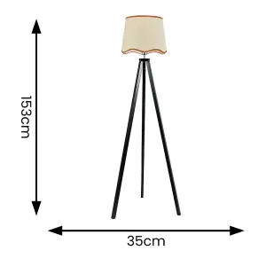 ValueLights Barbro Black Wood Tripod Floor Lamp with Natural Linen Scallop Rust Edge Shade