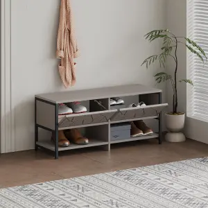 Decortie Modern Inola Shoe Bench Mocha Grey Engineered Wood Geometric Laser-Cut Shape 2-Door Cupboard 105(W)cm Metal Legs Hallway