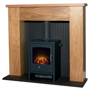 Adam New England Stove Fireplace in Oak & Black with Bergen Electric Stove in Charcoal Grey, 48 Inch