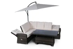 Seville Outdoor Rattan Garden Corner Sofa Dining Set with 3m Parasol - Brown