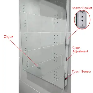 Rectangular Lighted Bathroom Mirror,Sensor Wall Mounted Vanity Mirror with Digital Clock and Shaver Socket 50x70 cm