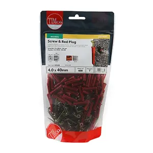 Timco - Red Plastic Plugs with Screws (Size 30mm Red Plug, 4.0x40 Screw - 200 Pieces)