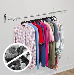 House of Home Heavy Duty Wall Mounted Clothes Rail Clothes Storage & Organiser Rail for Shirts, Coats, Jackets & Hat Chrome, 5ft