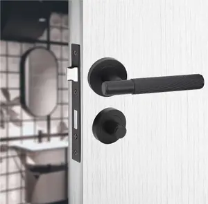 Linear T-Bar Bathroom Door Handle Set Thumbturn and Mortise Lock Matt Black