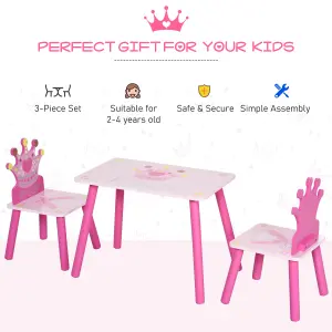 HOMCOM 3 Pcs Kids Princess & Crown Chair Table Set Home Furniture 2-4 Yrs Pink