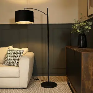 ValueLights Preto Black Metal Curve Stem Living Room Floor Lamp with a Black Velvet Shade