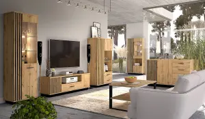 Lamelo LA7 TV Cabinet - Modern Industrial Style in Oak Wotan & Black Matt, H510mm W1550mm D400mm