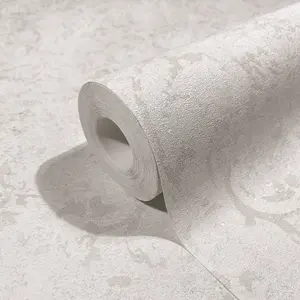 Galerie Urban Textures Metallic White Ornamental Mottled Damask Wallpaper Roll