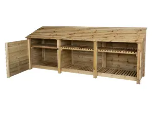 Wooden tool and log store, garden storage with shelf W-335cm, H-126, D-88cm - natural (light green) finish