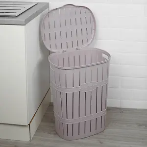 URBNLIVING 65L Purple Plastic Bamboo Style Laundry Basket Storage Bin With Handles & Easy Open Lid