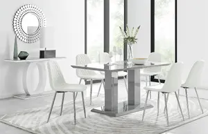 Imperia Grey High Gloss 6 Seater Dining Table with Structural 2 Plinth Column Legs 6 White Faux Leather Silver Leg Corona Chairs