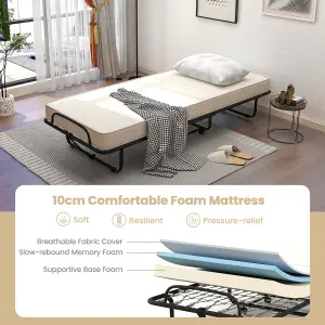 COSTWAY Folding Bed with 10cm Memory Foam Mattress Portable Fold-up Sleeping Cot 4 Wheels