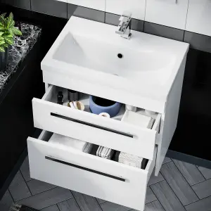 Nes Home Nanuya 600mm Gloss White Wall Hung 2 Drawer Vanity Cabinet & Ceramic Basin Sink