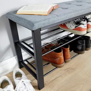 Home Source Sleaford Grey Linen Upholstered Metal Shoe Bench