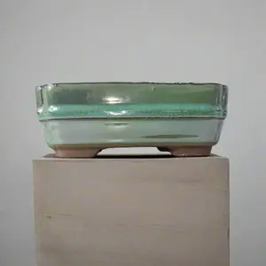 16cm Glazed Bonsai Pot - Rectangle - 16cm x 13cm x 4cm - Green