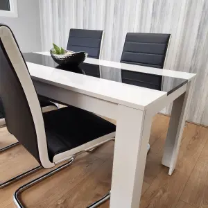 Dining Table and 4 Faux Leather Black White Padded Chairs High Gloss Wood Dining Kitchen Set of 4