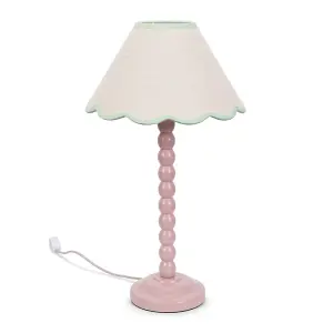 ValueLights Bobbles Rose Pink Bobbin Table Lamp with Green Trim Scallop Shade