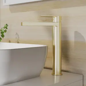 Contemporary Tall Mono Basin Mixer Tap - Brushed Brass