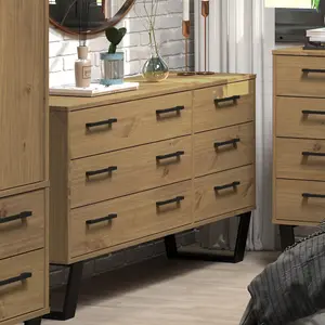 3+3 drawer wide chest of drawers, Antique pine finish