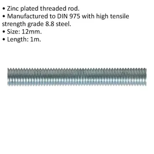 5 Pack M12 x 1mm Threaded Studding Rods - Grade 8.8 Zinc Plated DIN 975