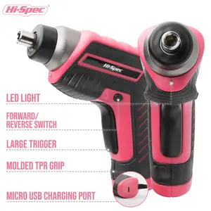 Hi-Spec 35pc Pink 3.6V USB Power Cordless Screwdriver & Home Repair Hand Tool Kit Set in a Tool Box