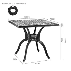 Vintage Black Square Cast Aluminum Outdoor Patio Dining Table with Umbrella Hole All Weather