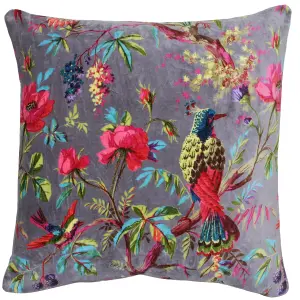 Paoletti Paradise Bird and Flower Printed Velvet Polyester Filled Cushion