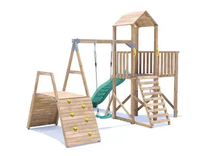 Dunster House Wooden Climbing Frame with Swing, Climbing Wall & Slide BalconyFort High Platform