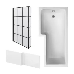 1700mm Left Hand L Shape Bathtub, Front Panel with Bath Screen - Satin Black Profile