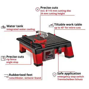 Einhell Cordless Tile Cutter 115mm 18V Power X-Change Adjustable Angle Stop And Table Tilt TE-TC 18/115 Li-Solo - Body Only