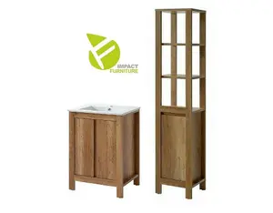 Bathroom Furniture Set: 600mm Vanity Cabinet wih Basin Tall Shelf Storage Freestanding Oak Effect Classic