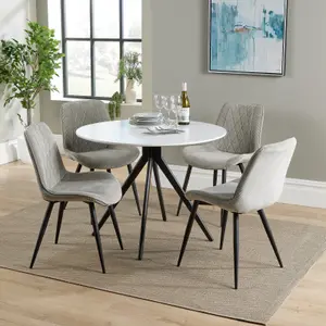 Core Products Aspen White 100cm Round Dining Table with 4 Light Grey Cord Fabric Diamond Stitch Design Chairs