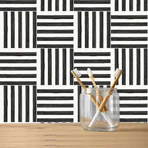 Quadrostyle Stripes Ink Black Wall Tile and Furniture Vinyl Stickers 15cm(L) 15cm(W) pack of 6