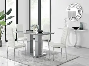 Imperia Grey High Gloss 4 Seater Dining Table with Structural 2 Plinth Column Legs 4 White Faux Leather Silver Leg Milan Chairs