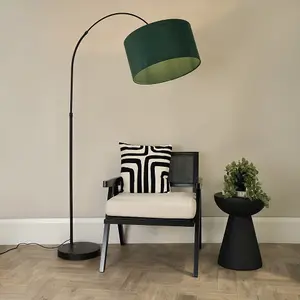 ValueLights Louis Black Arched Curved Floor Lamp with Forest Green Velvet Drum Lamp Shade and LED Bulb