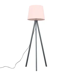 ValueLights Barbro Modern Grey Wood Tripod Design Floor Lamp with Pink Tapered Shade - Includes 6w LED Bulb 3000K Warm White